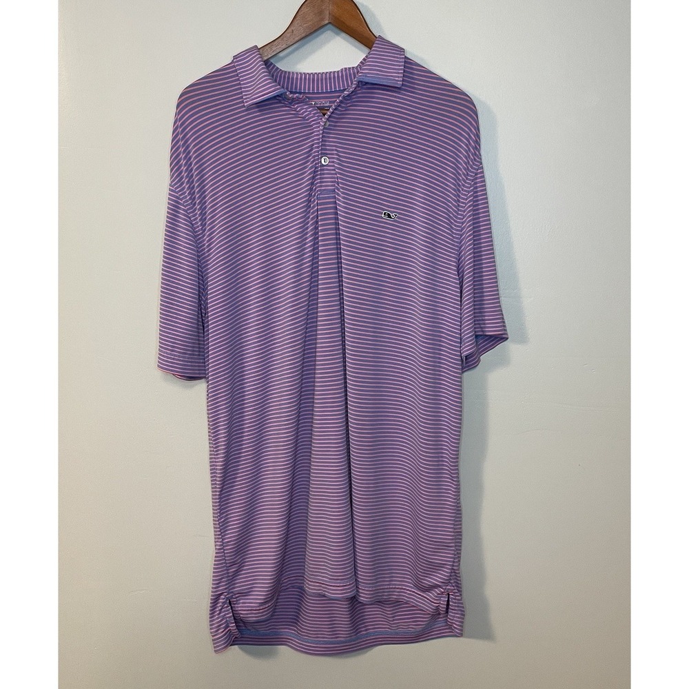 Vineyard Vines Mens L On The Go Sankaty Polo Pink Striped Performance Shirt Golf